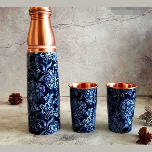 Floral Enamelled Copper Bottle & Glasses Set
