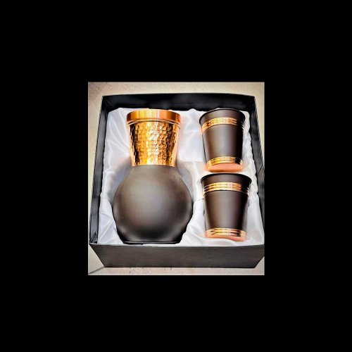 Copper Drinkware Gift Set of 2 Glass and 1 Bottle in Black Silk Finish