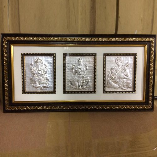 Pure Silver Ganesh Lakshmi Saraswati Silver Wooden Frame